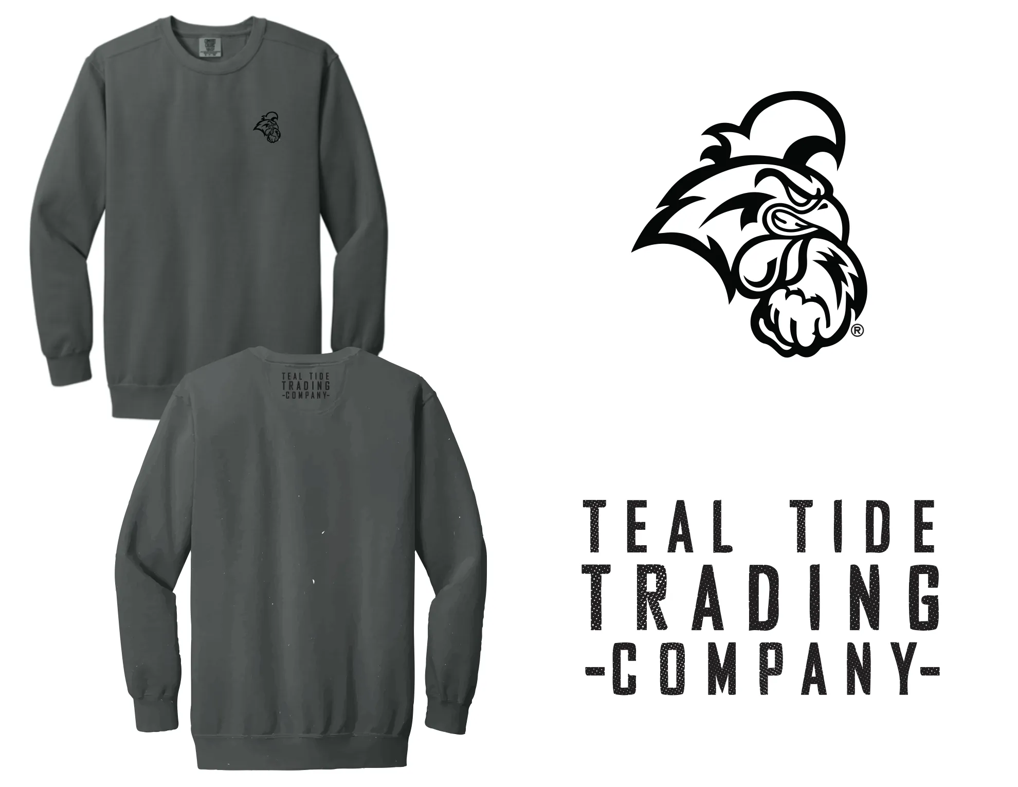 Full client artwork sheet for the Pepper crewneck — art version A (plain O in COMPANY)