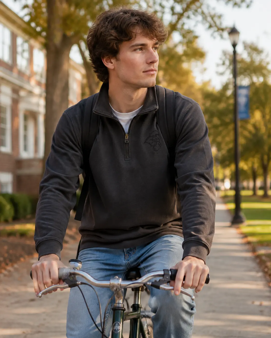 Student wearing the Pepper quarter-zip