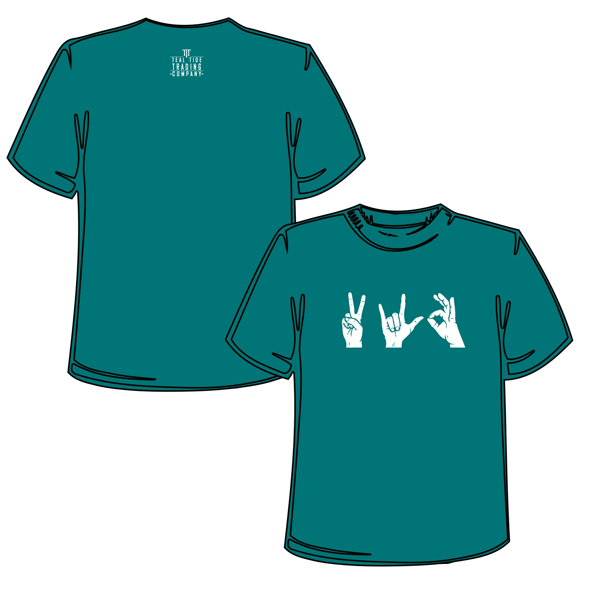 Teal Peace Love Chants tee, front view